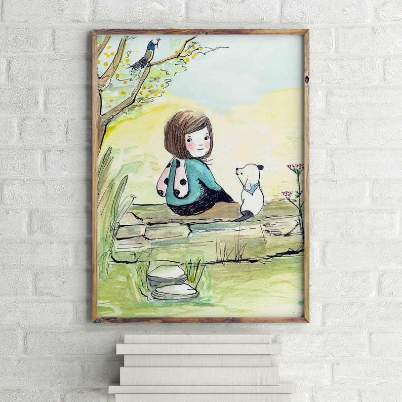 Little Girl and Dog illustration, cottagecore wall art, aesthetic art, original illustration. image 2