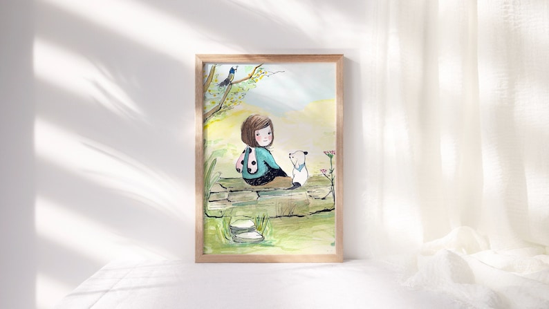 Little Girl and Dog illustration, cottagecore wall art, aesthetic art, original illustration. image 1