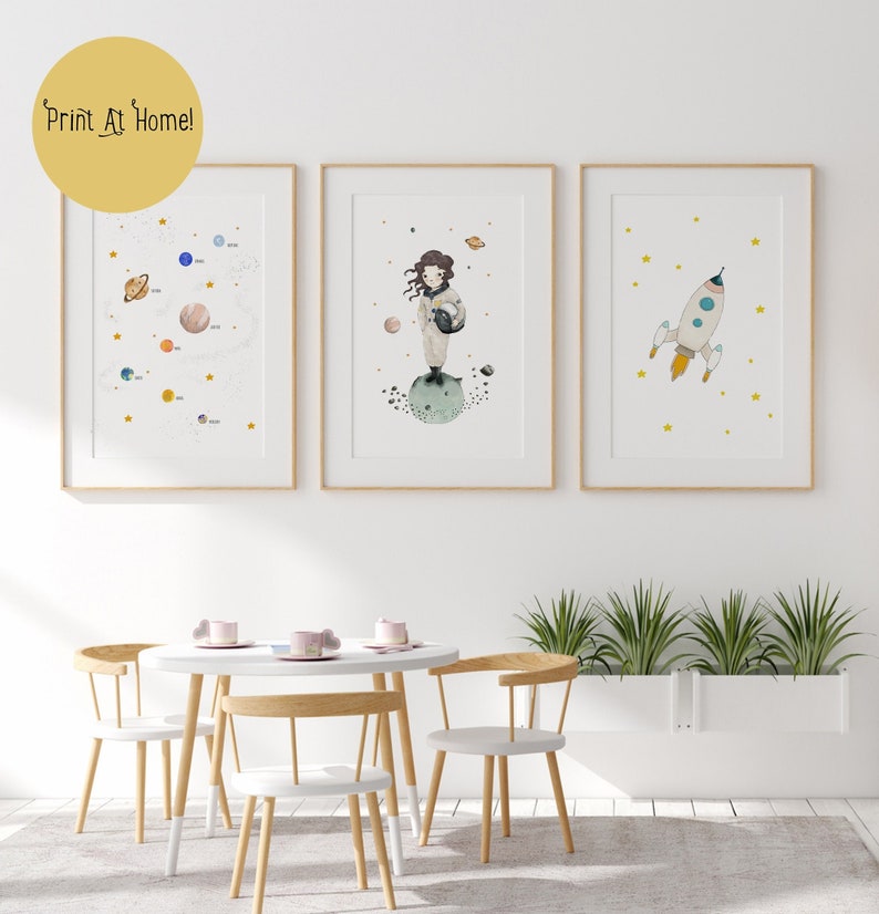 Girl astronaut prints set, nursery wall art printable, space themed nursery, solar system print, nursery decor girl image 1