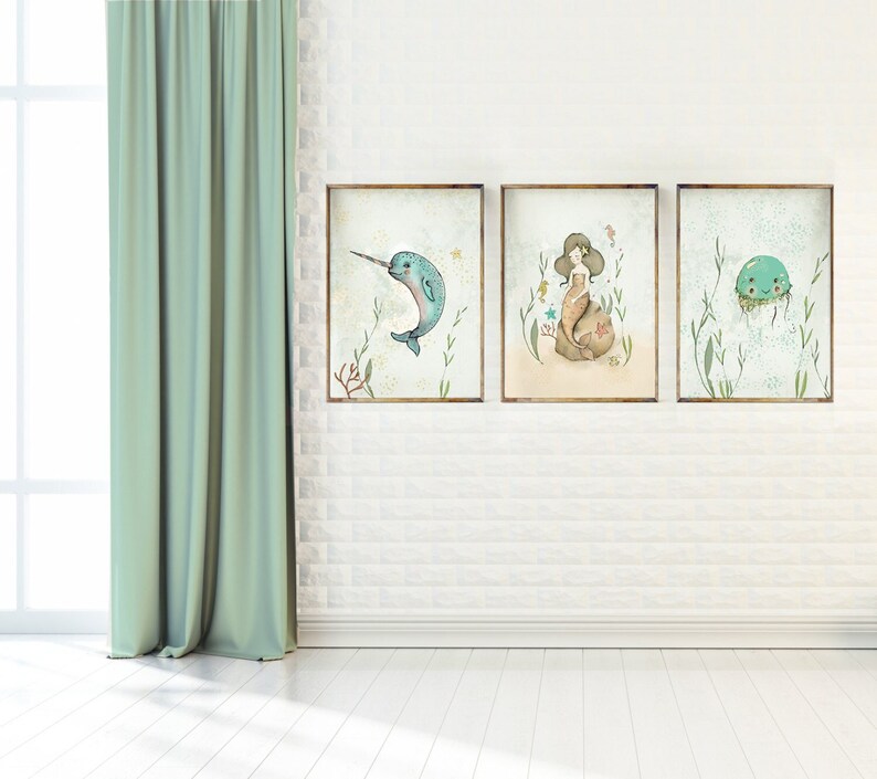 Mermaid wall art, under the sea wall art, ocean nursery decor, nautical nursery set, ocean wall art, ocean life prints, sea animal prints image 1