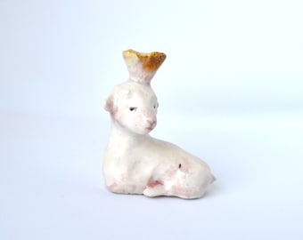 Ceramic animal figure, little Lamb with flower, OOAK ceramic animal