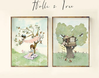 House tree wall art girl, nursery art for girls, watercolor illustration, set of two art for girls