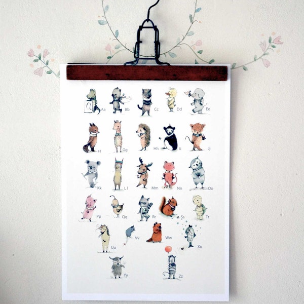 Childrens Wall Art Print -Alphabet Poster, English ABC- Plenty of animals from A to Z, Nursery Art,  size: 8x11 inches