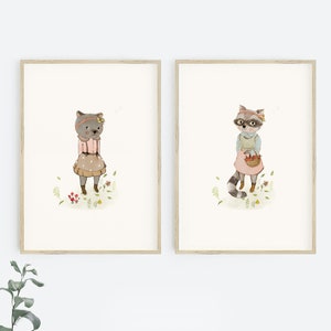 Bear Nursery Print Set, Racoon Nursery Print, Woodland Nursery, Girls Nursery Decor, Vintage Nursery Decor, Cottagecore Nursery, farmhouse