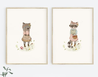 Girls woodland nursery wall art, raccoon art, woodland animals art, bear with flowers