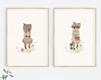 Art de mur de pépinière de bois de filles, art de raton laveur, art d'animaux de bois, ours avec des fleurs