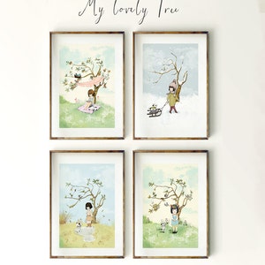 Four Seasons Wall Art Set | Watercolor Nature Scenery Paintings | Nursery Wall Art | Toddler Room Decor | Seasons illustrations