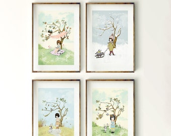 Four Seasons Wall Art Set | Watercolor Nature Scenery Paintings | Nursery Wall Art | Toddler Room Decor | Seasons illustrations