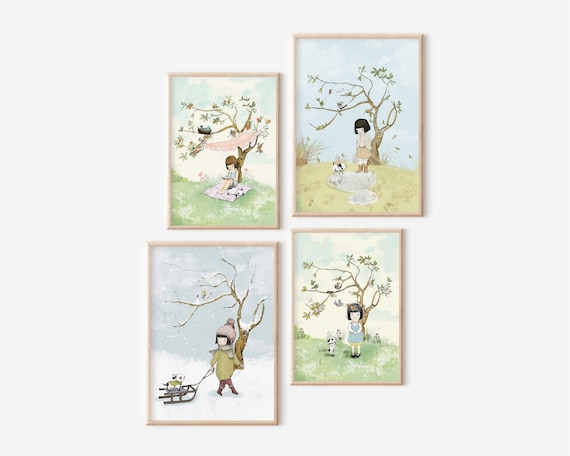 Four Seasons Tree Prints: Cottagecore Nursery Wall Art Set