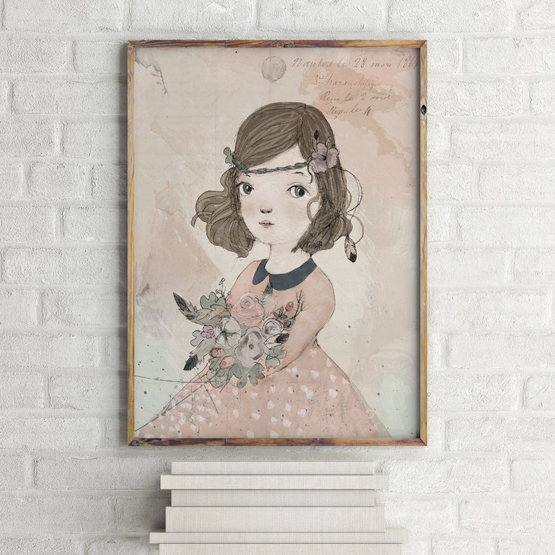 Girl portrait painting, nursery wall art girl, nursery decor girl, watercolor portrait, portrait illustration, portrait drawing image 2
