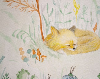 Original Art  Fox sleeping  woodland animals painting, fox original illustration, nature original art, woodland artwork, springtime wall art