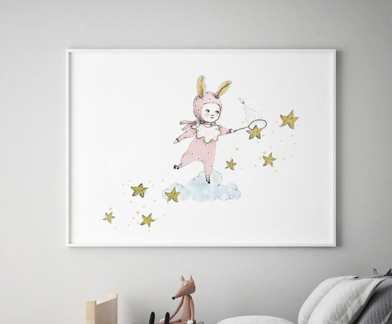 Catching stars, nursery wall art girl, pink girl wall decor, bunny girl nursery, girls room decor image 2