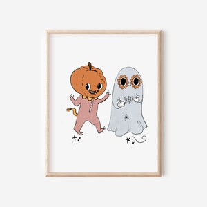 Cute ghost print, pastel Halloween decor, Halloween printable, girls Halloween wall art, party decor, witches hat, boho print image 2