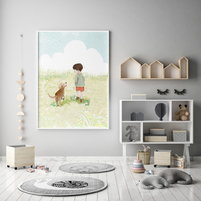 Boy and dog illustration, nursery wall art printable, golden retriever art, boys room wall art, golden retriever gifts image 1