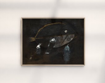 Impresión de arte de pared, peces impresos de arte, peces grandes, arte de pared oscura, arte nocturno, impresión de bellas artes, animales surrealistas, decoración mágica de la pared