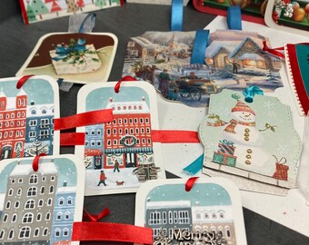 Christmas gift tags. Box of 12. Random selection.  Embellished with charms, gems, beads and ribbons. Handmade from used Christmas cards.