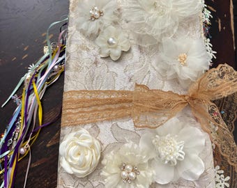 Junk Journal from altered book. Flowers and ribbons. Shabby Chic style. Victorian feel. 3 inches thick  9 signatures. Vintage features.