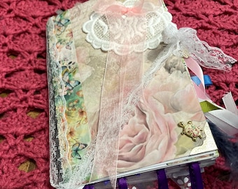 Lace and flowers. Altered spiral notebook, junk journal in a Victorian style with notes of vintage ephemera.  @45 pages of journaling fun.
