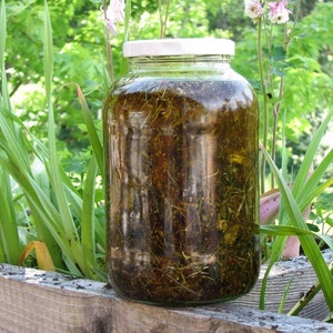 May include: A clear glass jar filled with a dark green liquid and plant matter. The jar is sitting on a wooden surface.