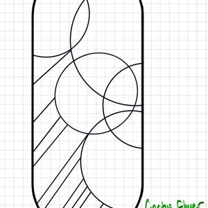 May include: Black and white geometric design with overlapping circles and lines inside an oval shape. The text "Cactus Flower Glass" is written in green below the oval.