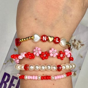Juego de pulseras para San Valentín / Joyas con cuentas y letras personalizables / Rojo, rosa, blanco y dorado