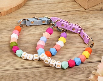 Personalized Beaded Pet Name Collar with Adjustable Buckle, Custom Dog Cat ID Collar, Large Pet Necklace, Colorful Polygonal Silicone Beads