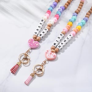 Personalized Teacher ID Badge Holder Lanyard,Custom Teacher Lanyard With Name, Wooden Beads Lanyard,Star-Shape Beads Lanyard,Gift for her