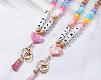 Personalized Teacher ID Badge Holder Lanyard,Custom Teacher Lanyard With Name, Wooden Beads Lanyard,Star-Shape Beads Lanyard,Gift for her