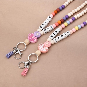 Personalisiertes Lehrer-Schlüsselband mit Namen, bunten Holzperlen, Lehrer-Aide-Geschenk für sie Ausweishalter, Schlüsselringhalter, Geschenk für sie ihn