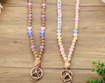 Personalized Teacher ID Badge Holder Lanyard,Custom Teacher Lanyard With Name, Wooden Beads Lanyard,Heart-Shaped Beads Lanyard,Gift for her