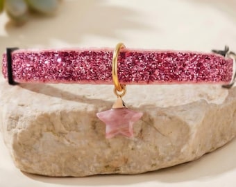 Quarzo rosa naturale - Collare per gatti in velluto rosa chiaro con ciondolo in quarzo rosa naturale, collare per gattini con chiusura di sicurezza, lussuoso collare per animali domestici color rosa acceso