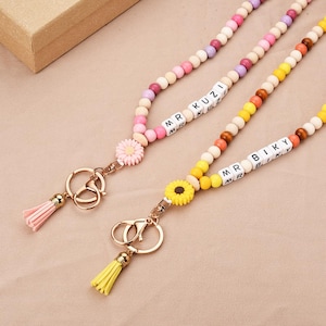Personalized Teacher ID Badge Holder Lanyard,Custom Teacher Lanyard With Name, Wooden Beads Lanyard,Sunflower Beads Lanyard,Gift for her