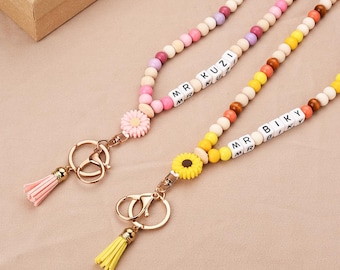 Personalized Teacher ID Badge Holder Lanyard,Custom Teacher Lanyard With Name, Wooden Beads Lanyard,Sunflower Beads Lanyard,Gift for her