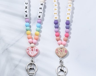 Personalized Teacher Lanyard Colorful Wooden Beaded,Teacher Lanyard With Name, Teacher’s Aide Gift For Her ID Badge Holder,Key Ring Holder