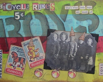 what little boys are made of - framed 5 x 7 ORIGINAL COLLAGE by Nancy Lefko
