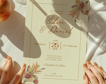 Plantilla de invitación de boda con flores silvestres de otoño, terracota, óxido, naranja quemado, burdeos, editable, 5x7