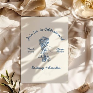Hand Drawn Wedding Invitation Template, Whimsical wedding, artsy wedding canva template, line art blue wildflower illustration, hand written
