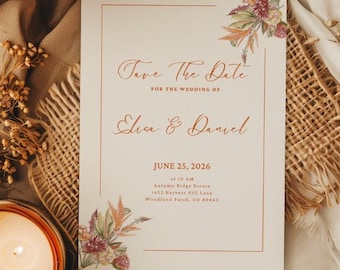 Plantilla de boda con flores silvestres de otoño para guardar la fecha, flores sueltas dibujadas a mano, plantillas de boda Canva para guardar la fecha, boda de otoño