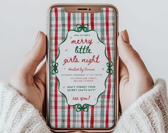 Christmas Girls Night Invite, digital invite, ladies night invitation, green and red plaid,gingham,bows, coquette,text message,evite