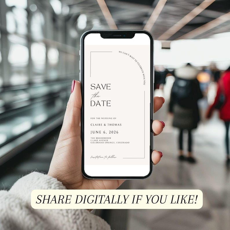 This is a lifestyle mockup of an iphone showing a contemporary save the date template.