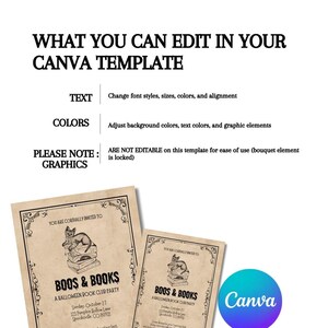 This slide shows Etsy customer what they can edit in their Halloween Party  Book club invitations templates - text, colors, graphics, images and layout.