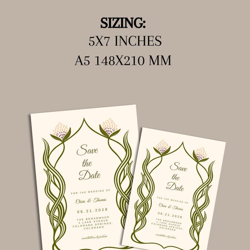This is a sizing chart to show Etsy customers what size wedding templates are included in this package. Text at the top reads, sizing 5x7 or A5. Under the text are two examples of the save the dates hand illustrated templates.