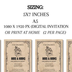 Light white background, plain and minimalistic, with a bold title that reads, sizing - 5x7, A5 with an option to print 2 at home. This template also includes digital invite sizing - 1080x1920 px.