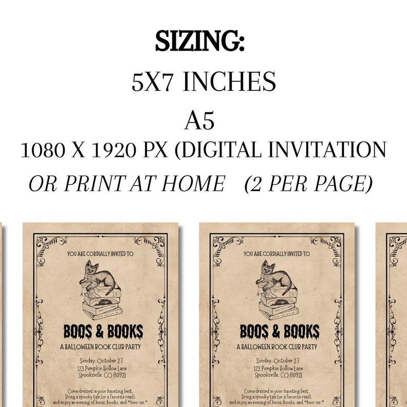Light white background, plain and minimalistic, with a bold title that reads, sizing - 5x7, A5 with an option to print 2 at home. This template also includes digital invite sizing - 1080x1920 px.