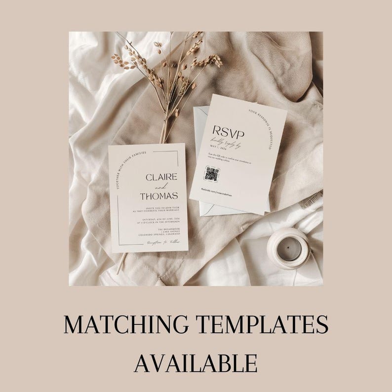 This is an informational slide with a different mock up photo in the center - this one has text that reads, matching templates available. The photo shows the matching wedding invitation template. This mock up shows the front and back - one of which has a RSVP with a qr code.
