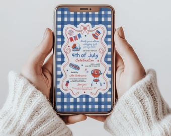 May include: A smartphone displaying a 4th of July celebration invitation. The invitation features red, white, and blue graphics, including fireworks, a hat, and a barbecue grill, set against a blue and white checkered background. The phone is held by hands.