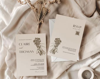 beige floral Wedding Template, hand drawn wedding inserts, editable whimsical wedding invitation, boho wedding RSVP, beige wedding