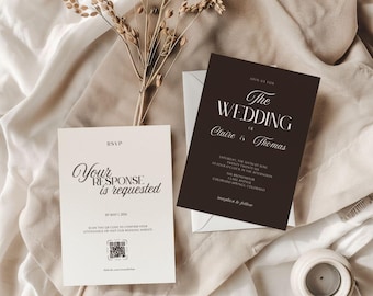 Szablony ślubne z monogramem, neutralne zaproszenia ślubne, edytowalne RSVP na ślub w kolorze espresso, elegancki pakiet ślubny, klasyczne