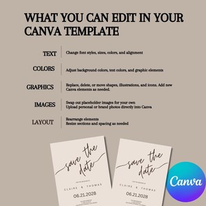 This is an informational slide showing what the customer can edit on their wedding templates in canva - text, colors, graphics, images, and layout.