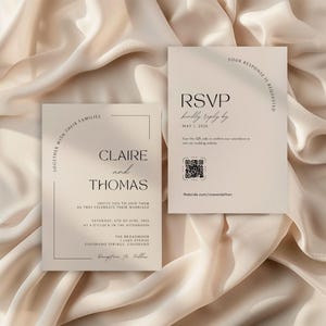 Plain white sheet background and shadows. In the center are one simple and minimal wedding invites. The script is is in cursive. Plain black and white. There is also a view of the back of the invite - in minimalistic style there is also an RSVP with a QR code.